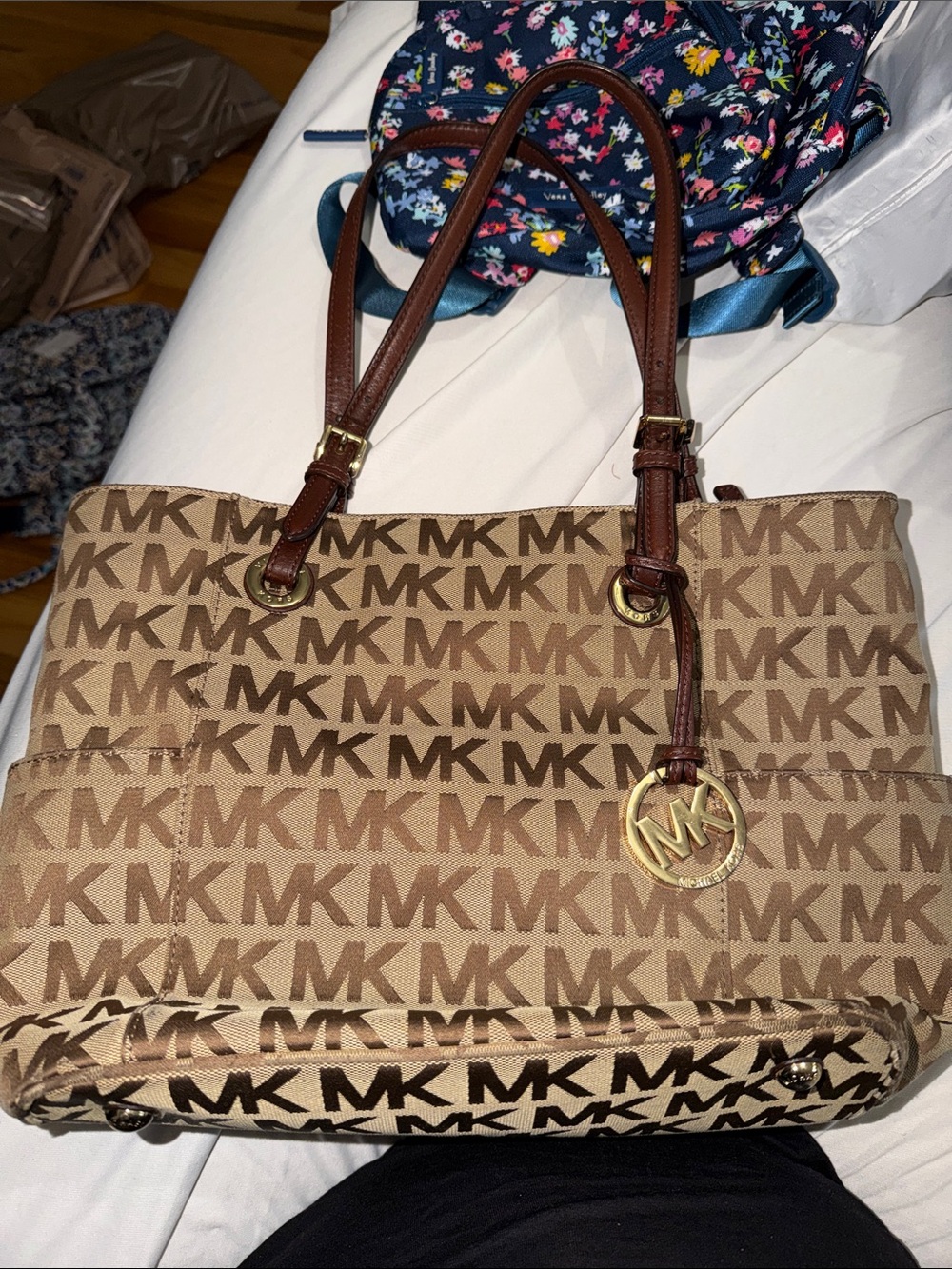 Michael Kors Brown Signature MK Logo Tote with Gold Accent